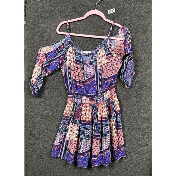 American Eagle Mini Dress Size M Patchwork Multicolor Cold Shoulder Keyhole Neck - Picture 4 of 12